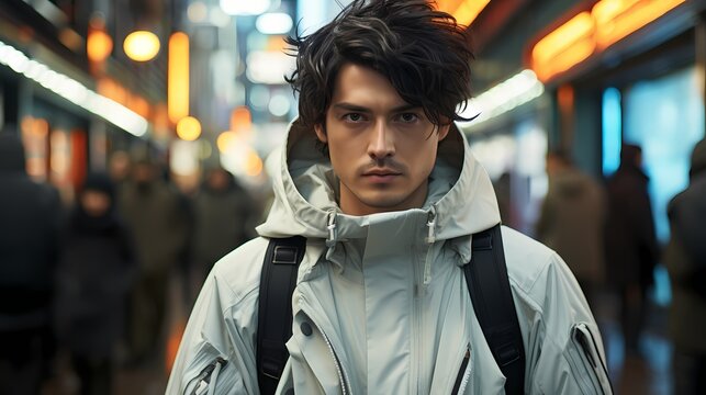 A Japanese male model striding confidently through a futuristic cityscape, captured by a handheld HD camera, embodying the fusion of technology and fashion in contemporary Japanese culture