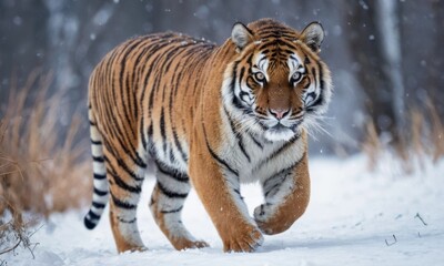 A tiger is walking through the snow