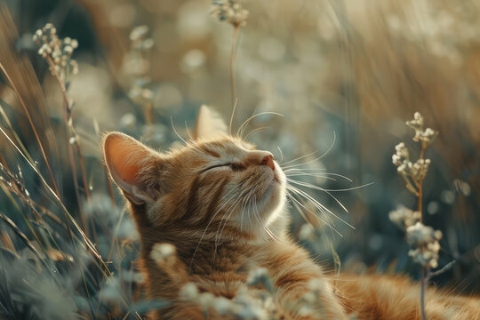 close-up of a sleepy cat in the grass