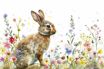 cute rabbit in a field of flowers, aquarelle style