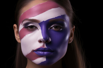 Abstract face makeup with diagonal bisecting lines in purple, pink, and white, set against a dark background.