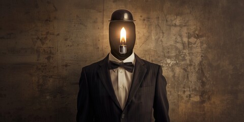 A headless mannequin in a pinstripe suit with a glowing light bulb for a head against a textured wall.