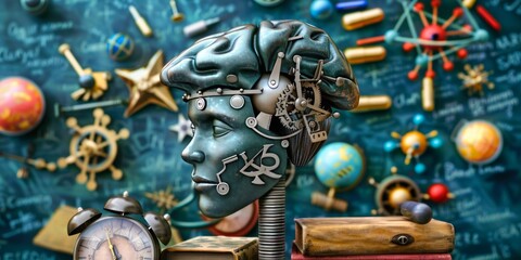 Sculpted head with mechanical brain on books, symbols of science and exploration in the background.