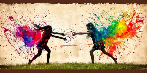Silhouettes of two people throwing vibrant paint at each other, artistic, dynamic splatter.