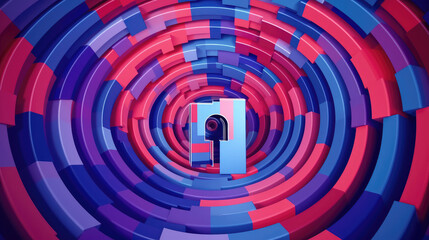 Abstract camera lens emerging from colorful spiral maze.