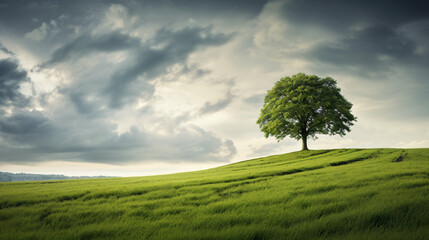 Fototapeta na wymiar Fresh green tree in green grass field with cloudy