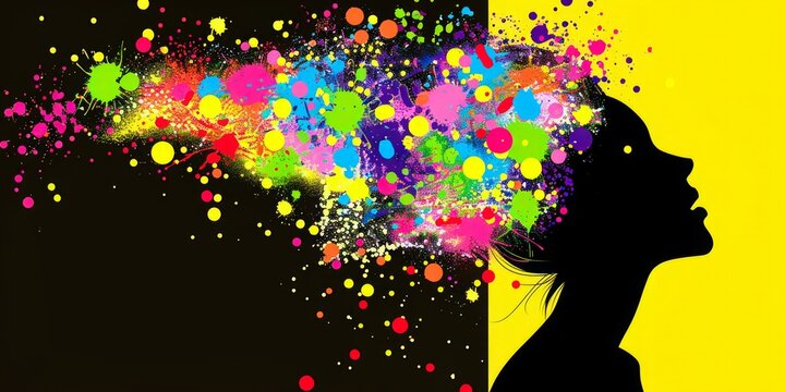 Silhouette of a woman's profile with a vibrant explosion of colorful paint splatters against a half black, half yellow background.