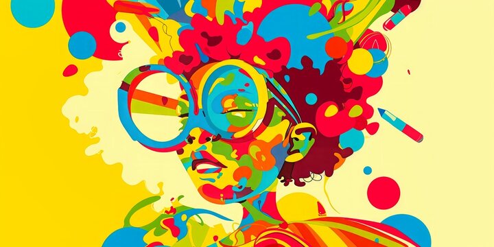 A vibrant portrait of a person adorned with colorful paint splashes and retro glasses against a yellow background.