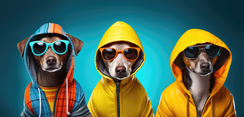 Three stylish dogs in colorful hoodies and sunglasses posing confidently against a turquoise background.