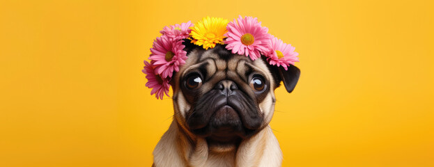 Adorable pug donning a vibrant floral headband, with a curious expression, set against a sunny yellow backdrop, embodying the essence of springtime joy. - obrazy, fototapety, plakaty