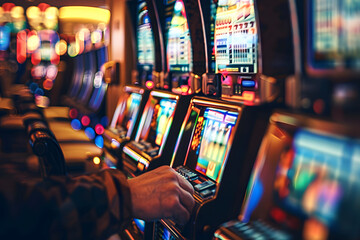 Naklejka premium Gaming Excitement. Close-Up of a Casino Slot Machine Player.&nbsp;