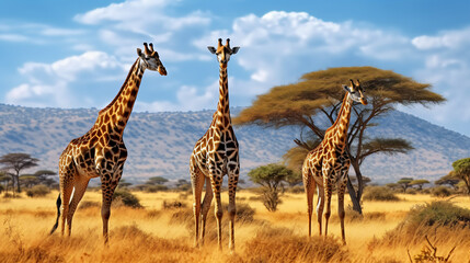 Giraffes in the African savannah. Serengeti Natio - obrazy, fototapety, plakaty