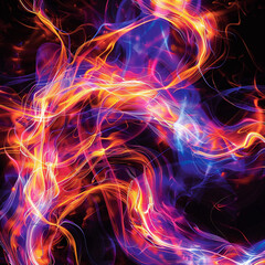 Fototapeta premium Vibrant abstract image of dynamic light trails with a mix of warm and cool tones against a dark backdrop.