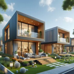 An innovative modular home design with floating upper levels and open living spaces, harmoniously blending indoor comfort with outdoor tranquility - obrazy, fototapety, plakaty