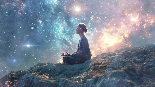 young man or woman meditating absorbed in their practice reflecting a state of deep meditation and mindfulness, celestial bodies, galaxies, and a mesmerizing night sky in background