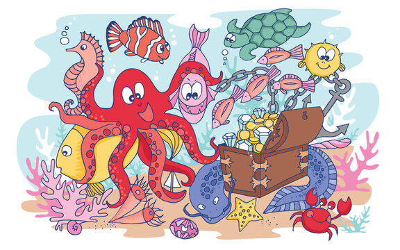 Underwater world. Marine animals and fish life. Vector illustration of funny cartoon characters.