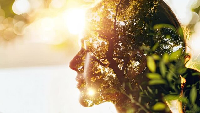 Healthy mind body and spirit. Wellness and health concept. Double exposure of woman and nature