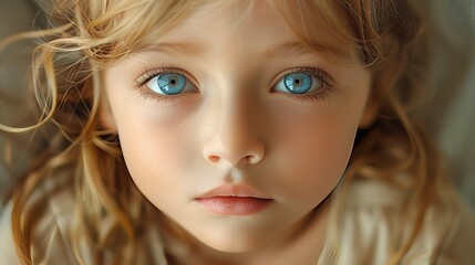 Closeup of a girl with blue eyes and brown hair looking at the camera