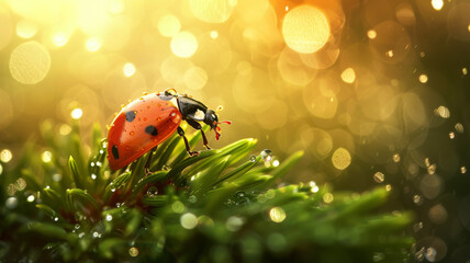 Naklejka premium Macro Magic, Raindrops Adorning Ladybug in Soft Morning Glow