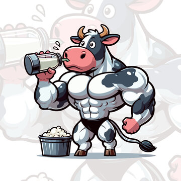 Vector cartoon cow gym bodybuilder, cowboy illustration, Generative Ai