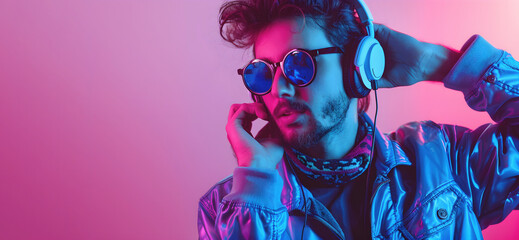 Portrait of handsome young man in trendy sunglasses dancing at a party in style 80, pink background
