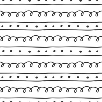 Striped Monochrome Doodle seamless Pattern. Line, swirl, dots hand drawn endless Linear background. Black scribble elements on white. Ink abstract texture for print design