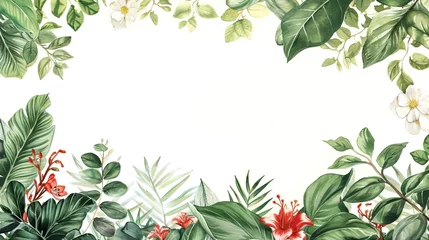 Selbstklebende Fototapeten A watercolour delicate muted colour border of exotic tropical leaves at the bottom of the page on a white background with few tropical flower © CREATIVE STOCK