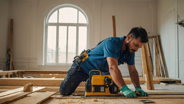 male floor carpenter hard at work putting new wooden floor in