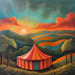 Fotobehang Riverside Circus Tent, A whimsical circus tent set against a backdrop of rolling hills and a setting sun  © wayne