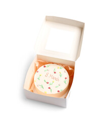 Box with sweet bento cake on white background. International Women's Day