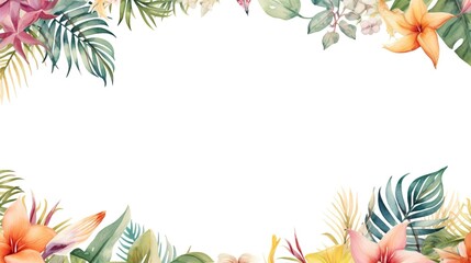 Fototapeta na wymiar A watercolour delicate muted colour border of exotic tropical leaves at the bottom of the page on a white background with few tropical flower