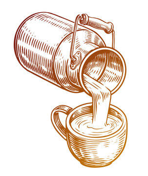 recommend clip art: Milk in mug pouring from can. Farm dairy products. Hand drawn sketch vector illustration