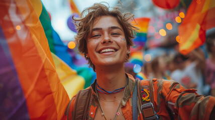 Obraz na płótnie Canvas Non-binary person celebrate gay pride festival. LGBTQ community concept