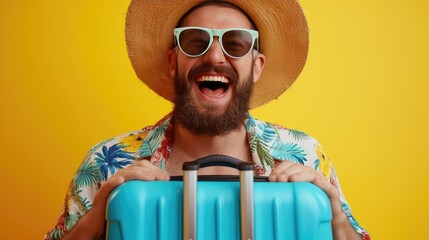 Joyful Vacationist with Blue Suitcase, beaming man in a summer hat and tropical shirt grips a bright blue suitcase, his laughter embodying the thrill of travel - obrazy, fototapety, plakaty