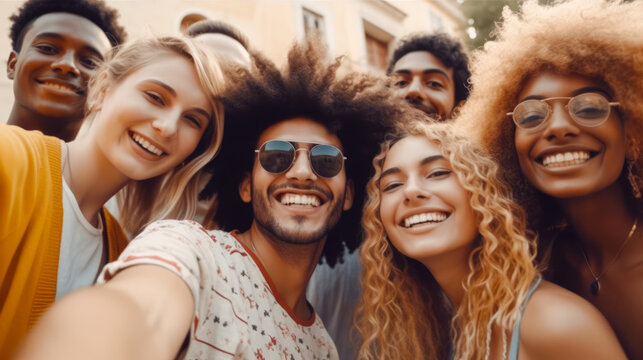 Group of multicultural friends taking selfie picture together. People of different race and skin having fun looking at camera. Youth community concept