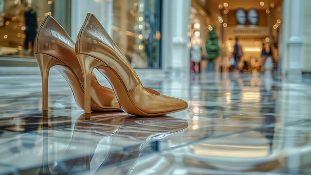 A photo of  gold high heels shoes in a shopping center.