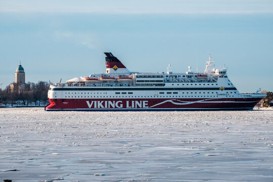 Passenger car ferry MV Gabriella, operated by Viking Line, passing the strait of Kustaanmiekka on clear winter morning.