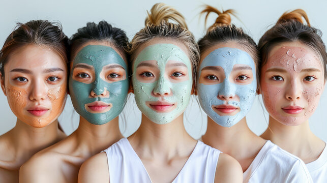 Group of Asian women wearing facial mask for skin care treatment. Beauty face therapy - Powered by Adobe