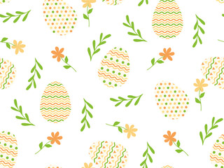 Colorful Easter Eggs and plants. Happy Easter Seamless Pattern. Spring Traditional holiday background. Egg hunt colorful illustration for wallpaper, packaging print, Easter card