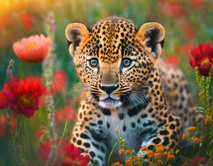 A close up of a small leopard in a field of flowers with red flowers in the foreground