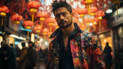 Obraz na płótnie Canvas A Japanese male model walking along a bustling Tokyo street, dressed in a vibrant ensemble featuring a mix of colors inspired by traditional Japanese motifs, photographed in stunning HD quality