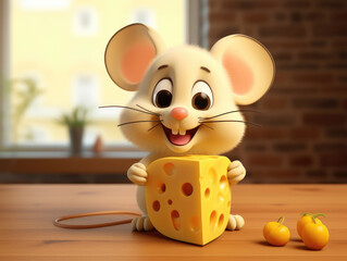 Adorable 3D mouse holding a cheese block, with joyful expression, set in a cozy room with a window view. Perfect for children's content, food marketing, or whimsical illustrations.