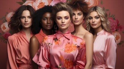 A lineup of stunning models stands in front of a vibrant pink background, their flawless skin and glamorous outfits harmonizing with the bold color, creating a visually arresting image