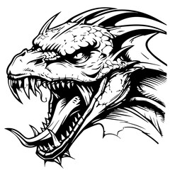 Fierce Angry Dragon Head Black Ink Vector Illustration