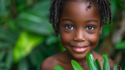 A happy toddler with cornrows is smiling while holding a terrestrial plant - obrazy, fototapety, plakaty