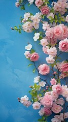 Obraz na płótnie Canvas Beautiful spring border, blooming rose bush on a blue background