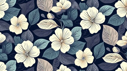 bicolor contour silhouette seamless pattern with flowers and leaves. Abstract floral spring, summer pattern