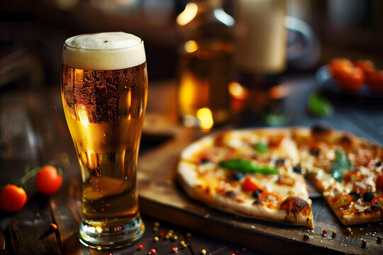 Chilled beer in glass with frothy head, accompanied by freshly baked pizza in a cozy dinner setting. A beautiful still life in the Italian style
