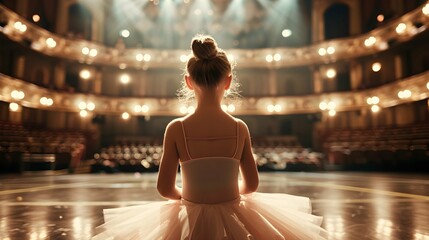 A little girl ballerina goes on the big stage, rear view