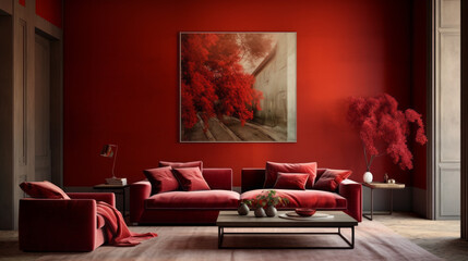 A chic living room featuring a textured wall finish in vibrant reds